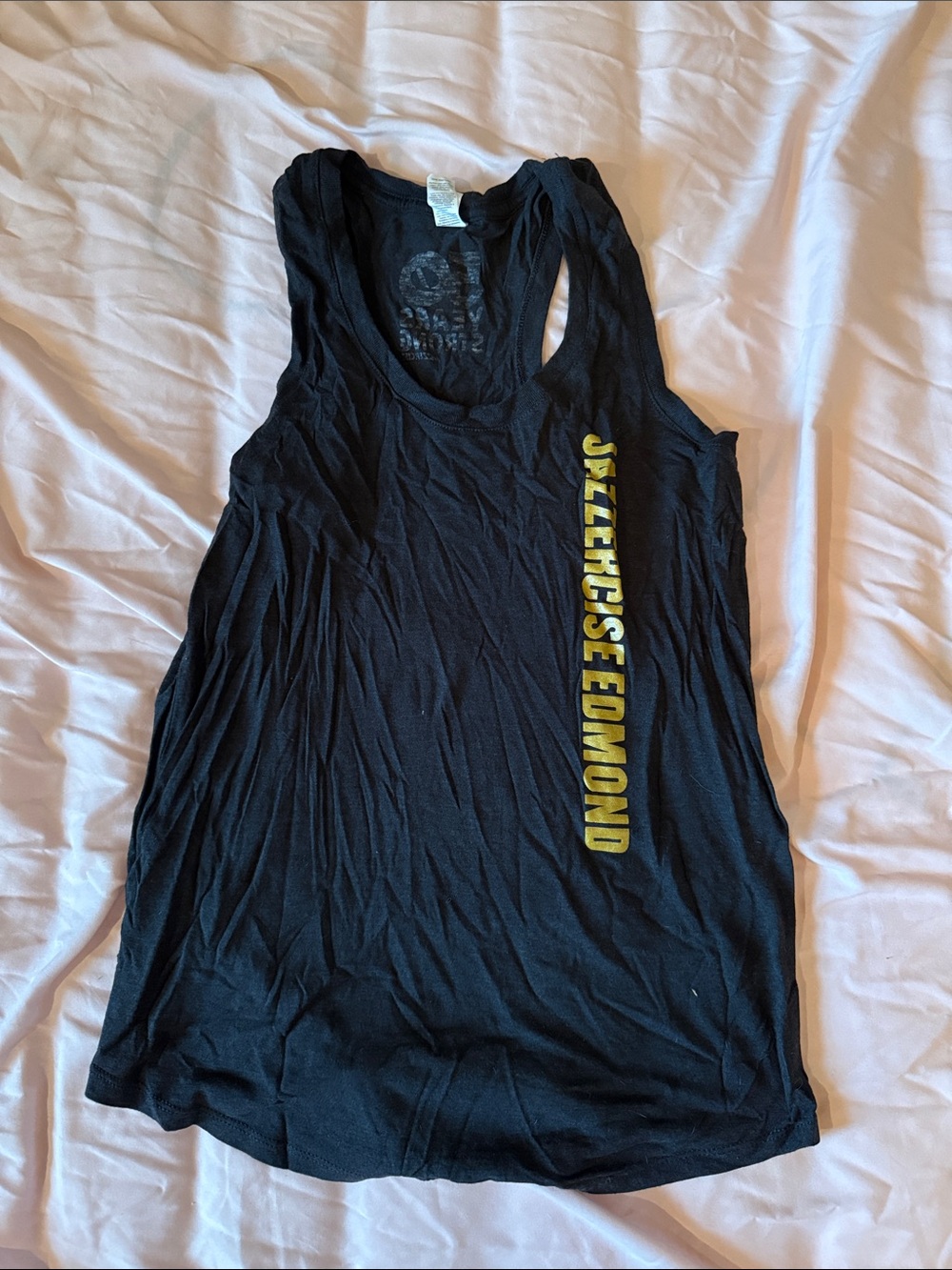 District Jazzercise Black Racerback Tank with Yellow Vertical Text
